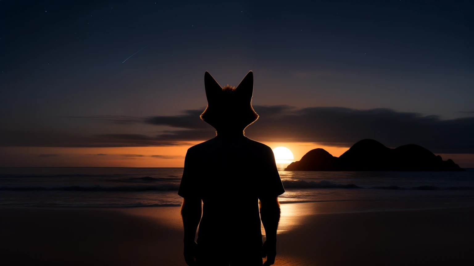 An adult man in his 30s wearing a fox fur suit alone outdoors on the background of a beach, turning your back to the camera, (full body), ((robust)), big arms, Tall Man, arms with black fur, ((black beach shirt, a black short)). On a very clear evening, with very few orange clouds, some islands in the distance