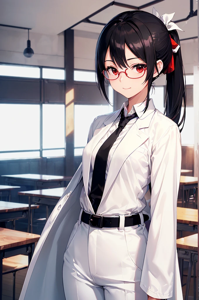 (masterpiece; best quality: 1.2), (finely detailed eyes: 1.3), ((25 year old woman)), ((solo)), (red eyes: 1.4), (body; gorgeous, lithe, femenine: 1.3), (black hair in low-ponytail: 1.3), (beautiful and clear background: 1.2), ((depth of field)), (equipment: white unbuttoned labcoat + black shirt + white tie + white pants + black belt + black square glasses: 1.3), (anime illustration: 1.2), (background composition; japanese highschool classroom + furniture: 1.1), (extremely fine and beautiful: 1.1), (shot composition; standing + centered on torso + close-up: 1.5), (expression; calm, small smile: 1.2)