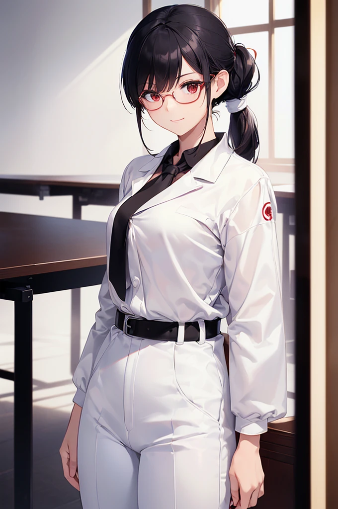 (masterpiece; best quality: 1.2), (finely detailed eyes: 1.3), ((25 year old woman)), ((solo)), (red eyes: 1.4), (body; gorgeous, lithe, femenine: 1.3), (black hair in low-ponytail: 1.3), (beautiful and clear background: 1.2), ((depth of field)), (equipment: white unbuttoned labcoat + black shirt + white tie + white pants + black belt + black square glasses: 1.3), (anime illustration: 1.2), (background composition; japanese highschool classroom + furniture: 1.1), (extremely fine and beautiful: 1.1), (shot composition; standing + centered on torso + close-up: 1.5), (expression; calm, small smile: 1.2)