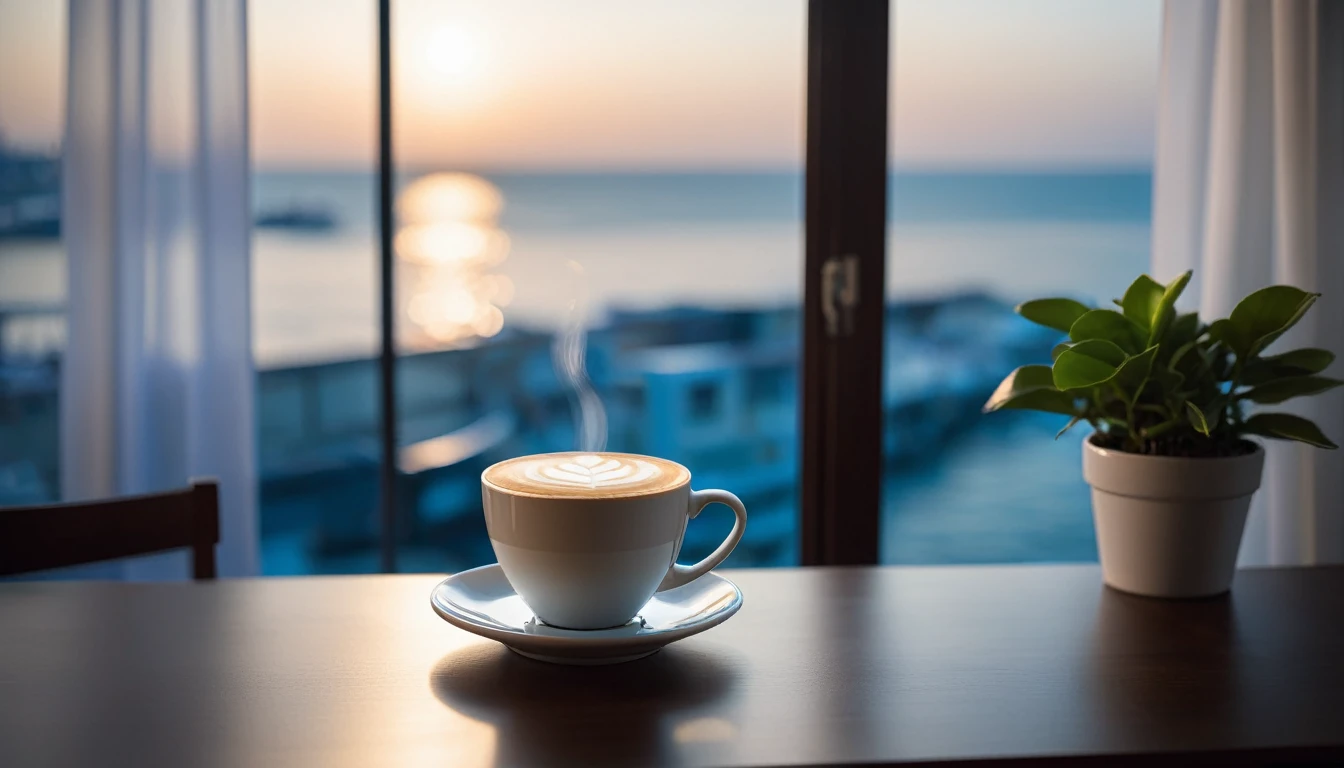 a cup of latte.darkroom, night, desk,There is a small potted plant on the table. a cup of coffee, soft shadow, Stylish modern, glowing screen, Cold blue light, Flowing transparent white curtains.Window looking out onto the fishing port and sea view, Very detailed,tone texture.Obvious contrast of light and shadow.High-end and textured.half-length view , 50mm , f/1.8 , shutter speed 1/60 , ISO 50 ,Color temperature 4000k, masterpiece.first-person view