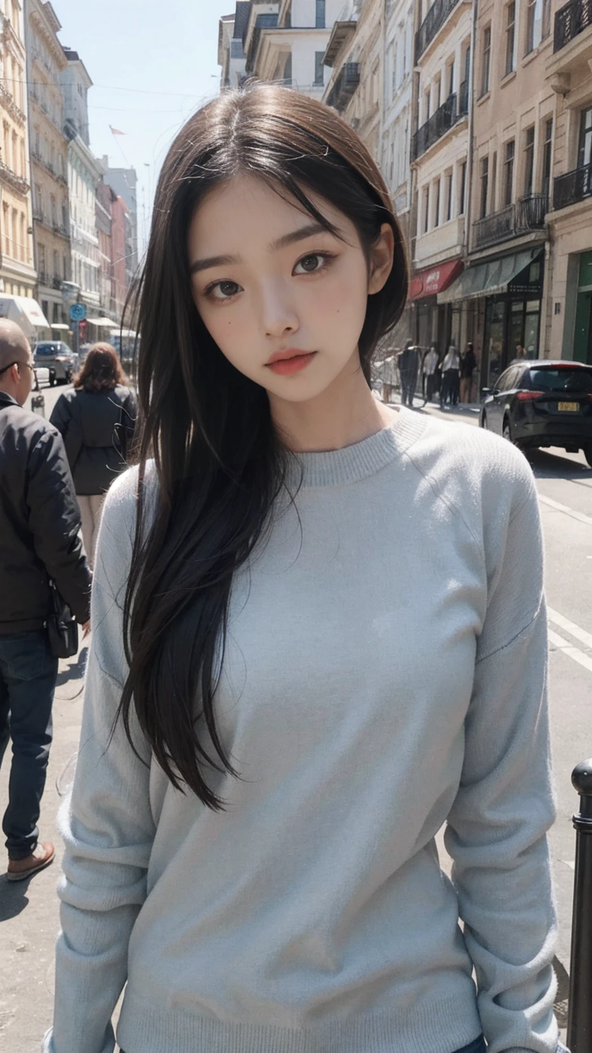 ((top-quality: 2.1, A hyper-realistic: 1.3)), (Photorealsitic: 1.3), (Beautiful Women in Perfect Style: 1.4, Slender face: 1.1, 30 years old, delicated face: 2.1), (Silvery hair, Long hair: 1.5, Big: 1.2, Blue eyes、High nasal muscles )), Highly detailed facial and skin texture, Sharp eyes, Double eyelids, ultra-detailliert, girl, Solo), (thin lipss), The shirt, Pants Style,Many tall buildings, city、Lunette de soleil,sungrass
