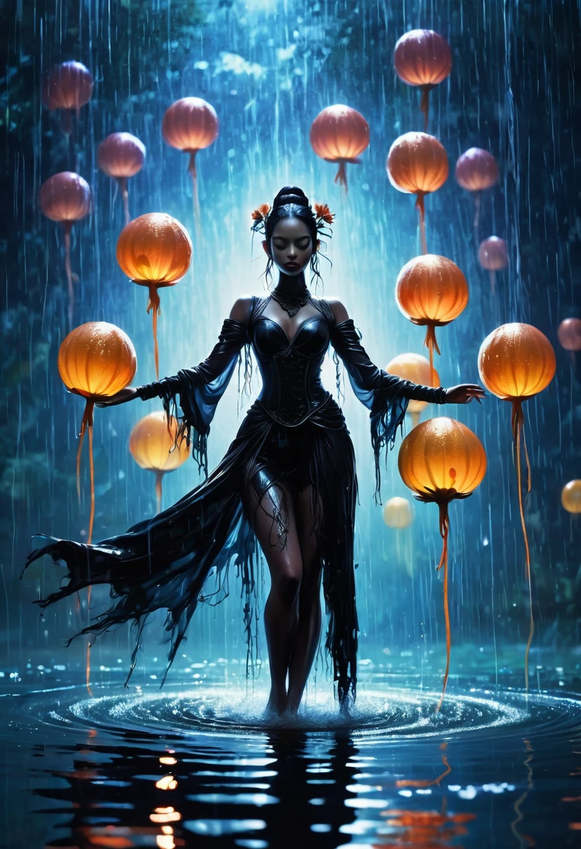 heavy rain,Rain splash,In the middle of the lake, Mysterious female black silhouette in the middle of the night, Surrounded by glowing spheres, Summoners dance to appease the spirits of the dead. Ceremonial canvas clothing. Sensual. Multiple magic arrays. Dynamic dance. Water Lily. Colorful palette.