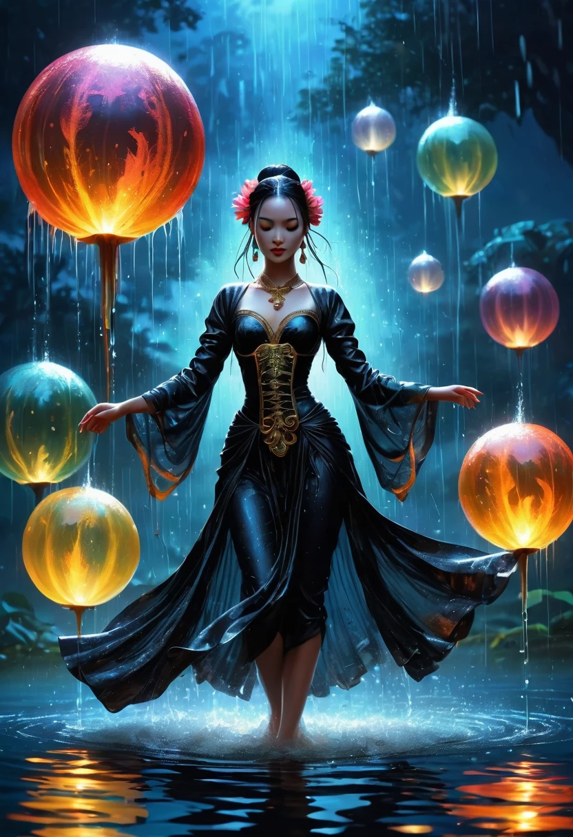 heavy rain，Rain splash，In the middle of the lake, Mysterious female black silhouette in the middle of the night, Surrounded by glowing spheres, Summoners dance to appease the spirits of the dead. Ceremonial canvas clothing. Sensual. Multiple magic arrays. Dynamic dance. Water Lily. Colorful palette.