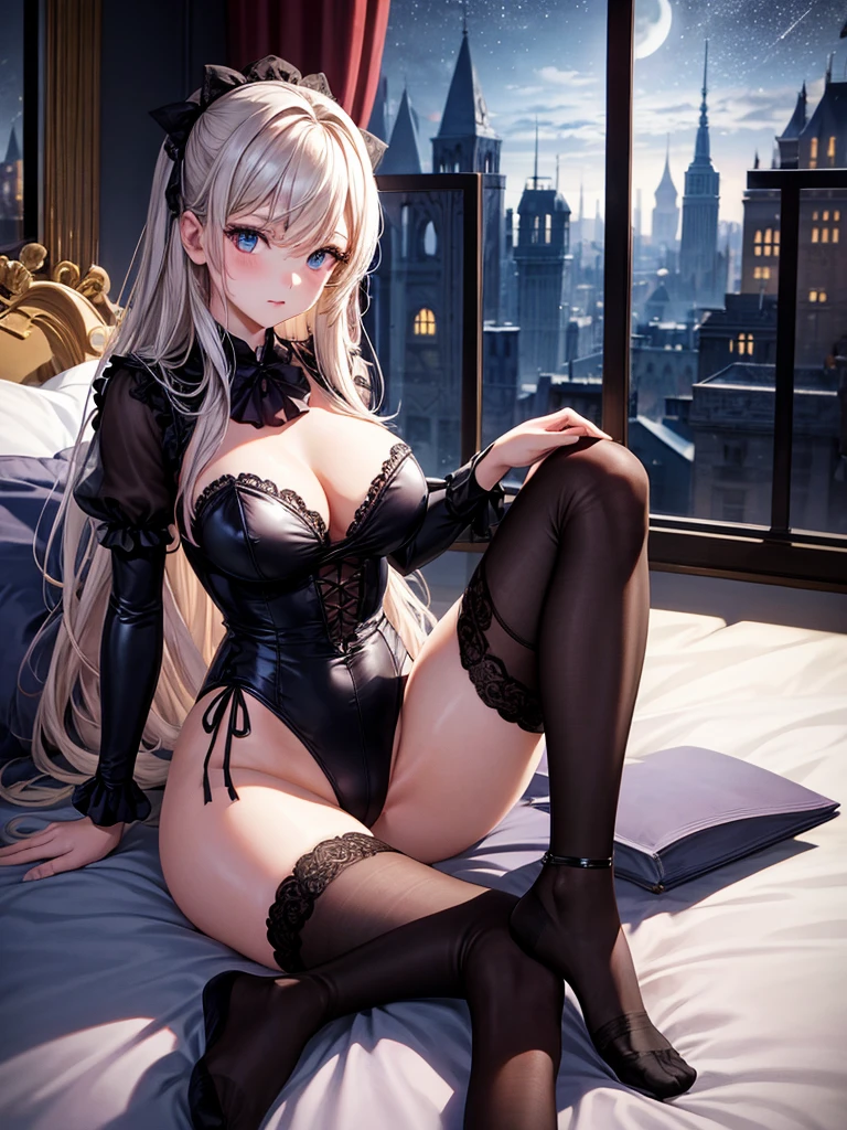 Highest quality,Highest Resolution,Beautiful girl in gothic leotard,High leg,whole body,front,Very beautiful eyes,Bedroom,Night view outside the window,Knee-high stockings,