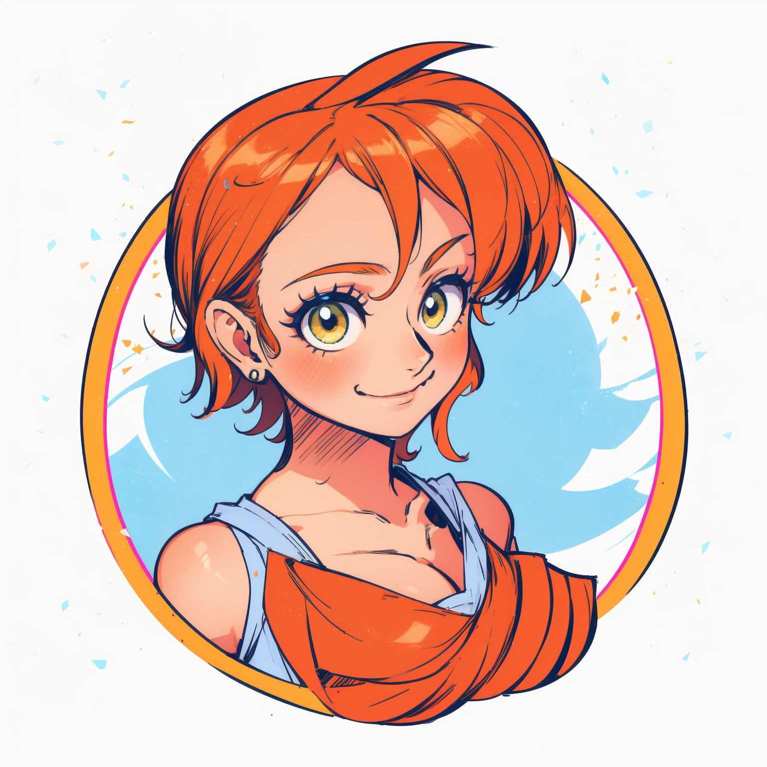 ((1girl,  nami from one piece, 1girl, white background, blonde hair, white shirt)), upper body, anatomically correct, short hair, chibi, simple background, smile, cleavage, looking at the viewer, 