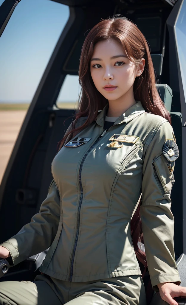 (best quality, 8K, 32k, masterpiece, Ultra HD:1.2), (Practical:1.5), (masterpiece, Extremely detailed CG unity 8K wallpaper, best quality, high resolution:1.2), (Extremely detailed, Ultra HD:1.2), Photo of extremely cute and beautiful Japanese Miss, (Maroon with long wavy hair:1.2), aldult, (Beautiful Korean girl:1.4), best quality,high resolution, Miss, aldult, (U.S. Air Force pilot details:1.5), (Military green pilot suit:1.3),Detailed clothes, (Complex and advanced helicopter cockpit as background:1.3), (Beautiful woman sitting in the cockpit and controlling the plane), A faint smile, Looking at the audience, For the audience, ((Perfect female body)), (Willow Waist:1.2), (Upper body pictures:1.3), slim, Abdominal muscles, (Big breasts:1.25), ((Frame the head)), wind, Dynamic poses, light, Backlight, Perfect anatomical structure, Perfect proportion, Detailed human body, Bokeh, Depth of Field,
