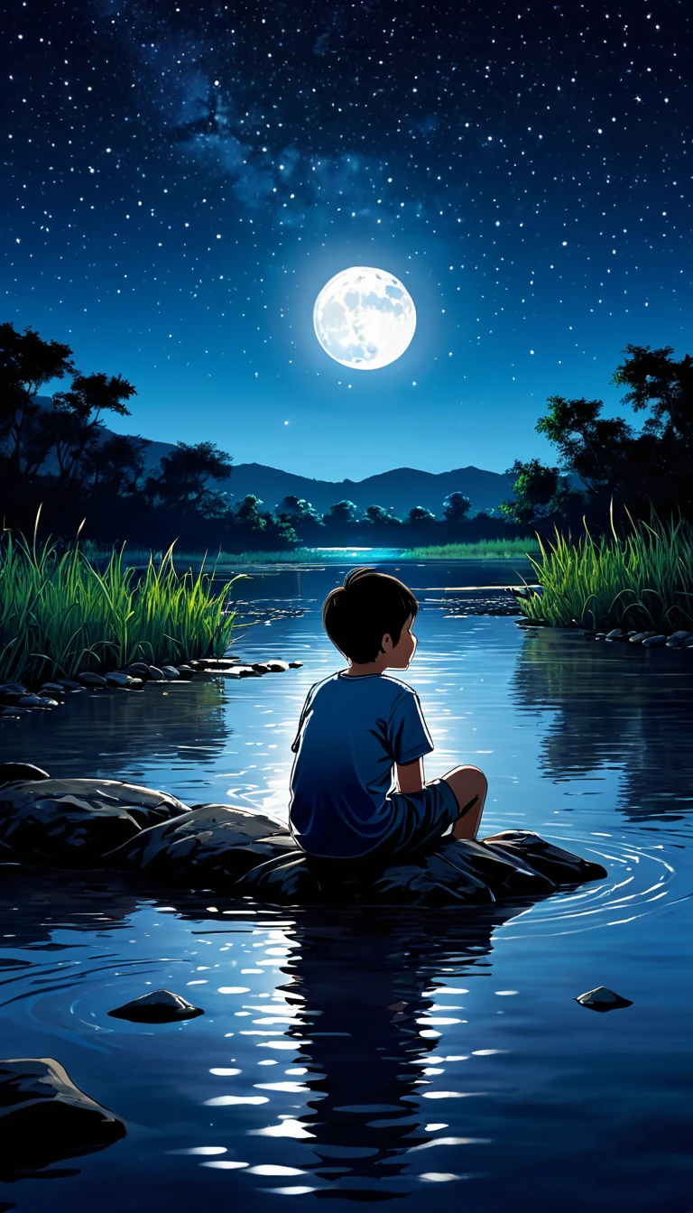A boy sitting in a river on a moonlit night
