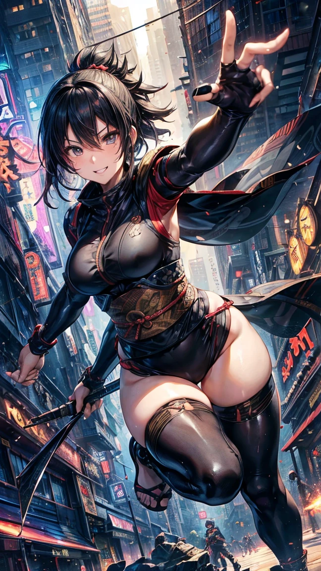 (1 mature female ninja,Age 35), ((Pub,guild)),(smile),Dynamic pose,Dynamic Angle,Pose for a photo,From below,Elderly woman、Trading Card Game Frames、Highest Rare、Five Fingers、Signature mark、Big Butt、Black Hair、Fighting Pose、Ninja costume、Full Body Suit、kunai、Japanese style cyberpunk、A ninja running through a modern city