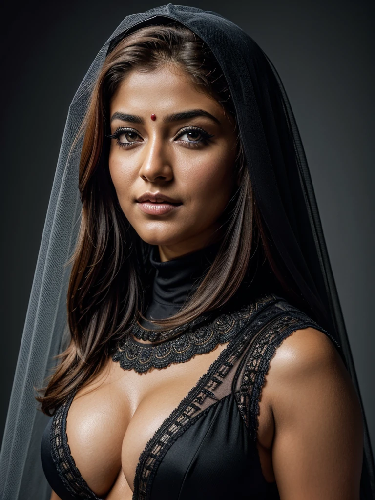 Looks like Nayanthara, face, extremely gorgeous, thick figure, heavy physique, voluptuous, curvy, sexy ure, Fashionable portrait of androgynous alien looking witch wearing veil, glowing eyes, futuristic design, minimal details, givenchy, photoreal, 200mm, hd, f/ 2.0, highly detailed, surreal , drop dead, in the style of red and blue, (intricate details, hyperdetailed:1.15) (skin texture:1.2)