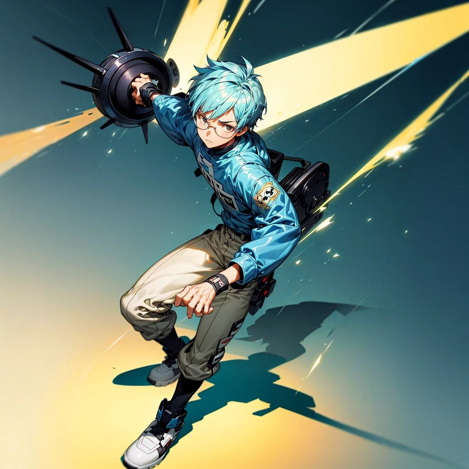 1boy, Full body version, 1character, black eyes color, tan skin, shortcut hairstyle, light blue colour hair, Glasses, streetwear style clothing, boots, Grassroots background in field city, motion blur, shadow, robot weapon in hand, (one piece style art)