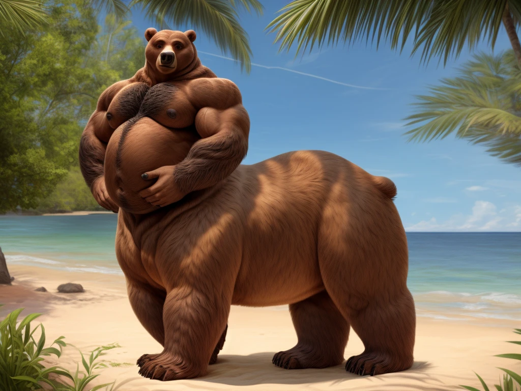 furry, fur taur, beartaur, middle-age, solo, detailed face, bear ears, bear eyes(brown), bear nose(black), bear mouth, garibaldi beard(grey), mature hair(grey), detailed arms, thick arms, muscular, thick hands(5 fingers), detailed body belly, thick body, muscle belly(white), thick chest, chest hair(grey), detailed taur body, thick taur body, thick bear paws, thick bear tail, full body shot, summer, standing on the island