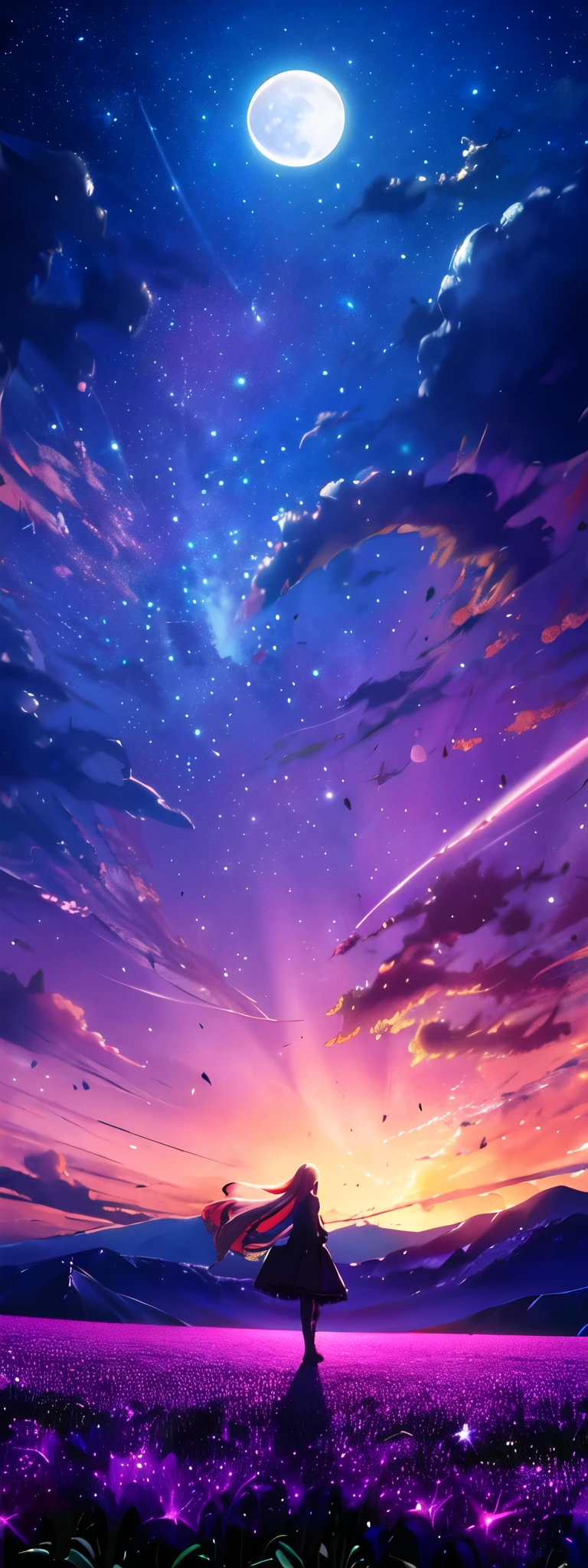 Vast landscape photography , (A view from below, with the sky above and the wide fields below), A girl standing in a flower field looking up, (full moon:1.2), ( shooting star:0.9), (nebula:1.3), Distant Mountain, Treebreak Production Art, (Warm light source:1.2), (fire Fly:1.2), lamp, Lots of purple and orange, Intricate details, Volumetric lighting, Realism BREAK
(masterpiece:1.2), (Highest quality), 4K, Super detailed, (Dynamic configuration:1.4), Very detailed, Colorful details,( Rainbow colors:1.2), (Shining Lights, Atmospheric lighting), dream-like, Magic, (alone:1.2)