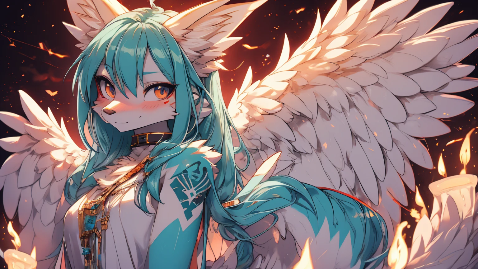 Miku Hatsune, add high definition_detail:1, blue fur,kitsune ears, tribal tattoo add_detail:1, in heaven add_detail, angelical girl, angel wigns add_detail, angelic yokai kitsune,