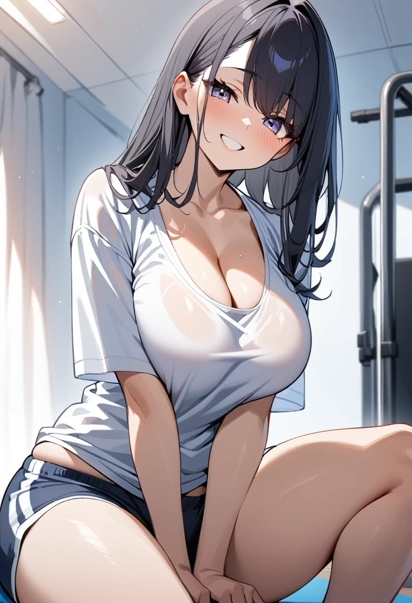 1girl, ultra high res, large chest, cleavage, white shirt, gym shorts, pull shirt, smile