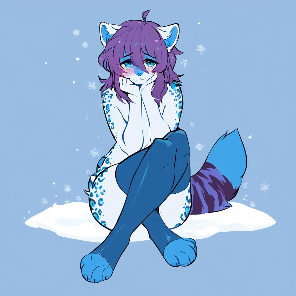 adult, feline, mammal, anthro, anthromorphic, snow, leopard, striped_feline, fur, furred_anthro, fluffy_tail. femboy, male, bangs, ear_tufts, blue_nose, blue_fingers, hair_tuft, hair_between_eyes, short_tail, fluffy, feline_ears, expressive_eyes, purple_hair, light looking_at_viewer, legs, legs_visible, thighs, blue_paws, blue_fur, shy, small_pupils, spotted_pattern, stripes, tail, tail_connected_to_body tiger_stripes, digital_art, high_resolution, high_res, tealblue_background fit, thigh_high, thigh_high_socks, blue_thigh_high_socks, light_blue_and_white_striped
