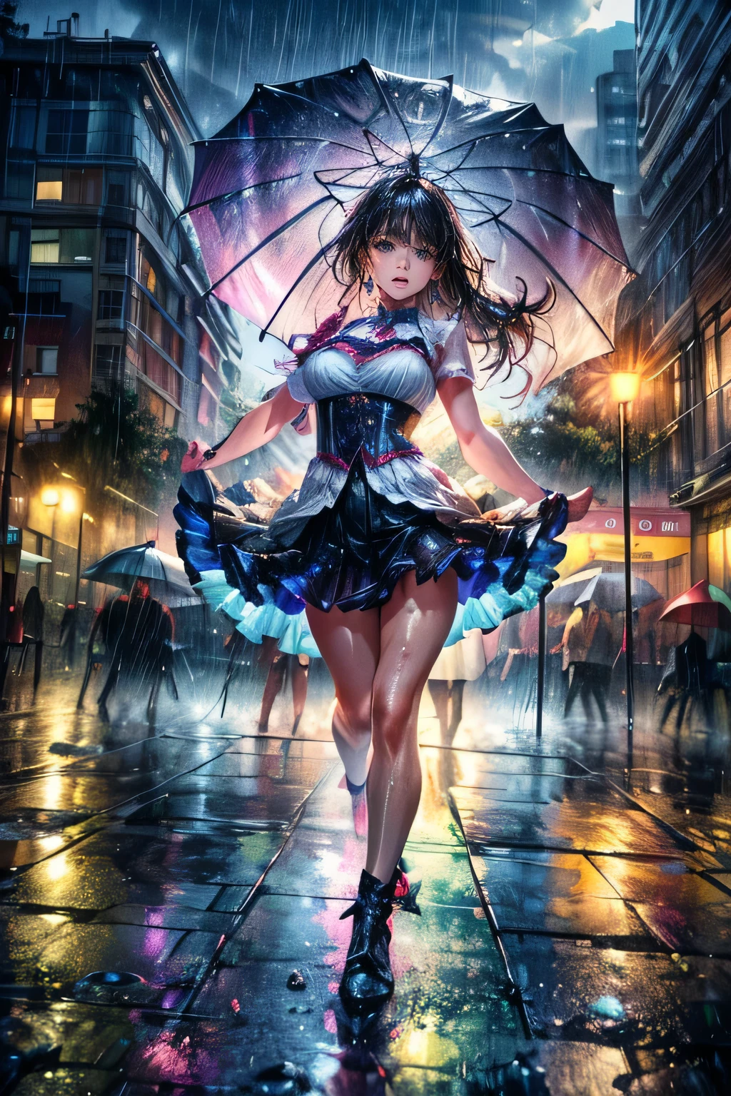 A street dancer, dancing in the rain, surrounded by an audience, graceful leaps, splashing water, a sense of fulfillment,(best quality,4k,8k,highres,masterpiece:1.2),ultra-detailed,(realistic,photorealistic,photo-realistic:1.37),1girl,beautiful detailed eyes,beautiful detailed lips,extremely detailed eyes and face,longeyelashes,wet hair,rain,splashing water,umbrella,cheering crowd,studio lighting,dynamic pose,energetic movement,vibrant colors,neon lights,urban setting,rainy day,wet pavement,atmospheric lighting