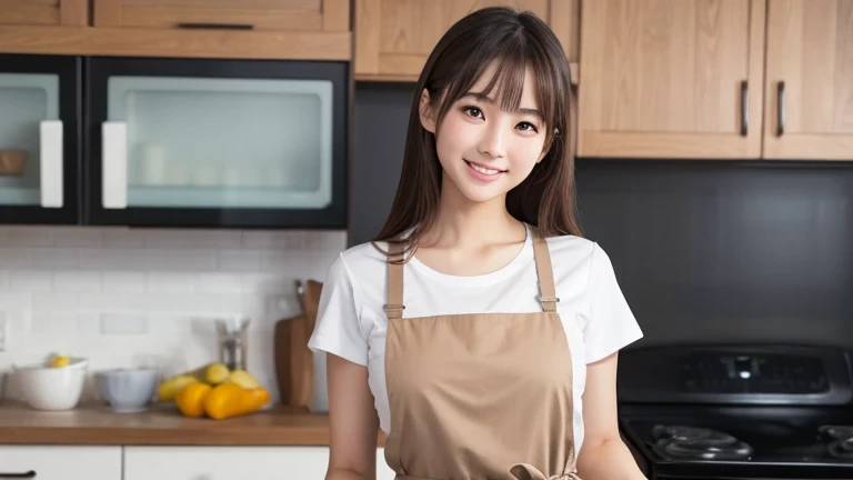 Produce the highest quality and highest resolution 8K images。Please draw the whole body of a 20 year old Japanese woman.。Please draw an image of you wearing an apron and cooking in your kitchen at home.。She has brown eyes and a model figure.、She has an idol-level cute face.。The hair is wavy。Looking at you with a smile。Skin has a healthy color。