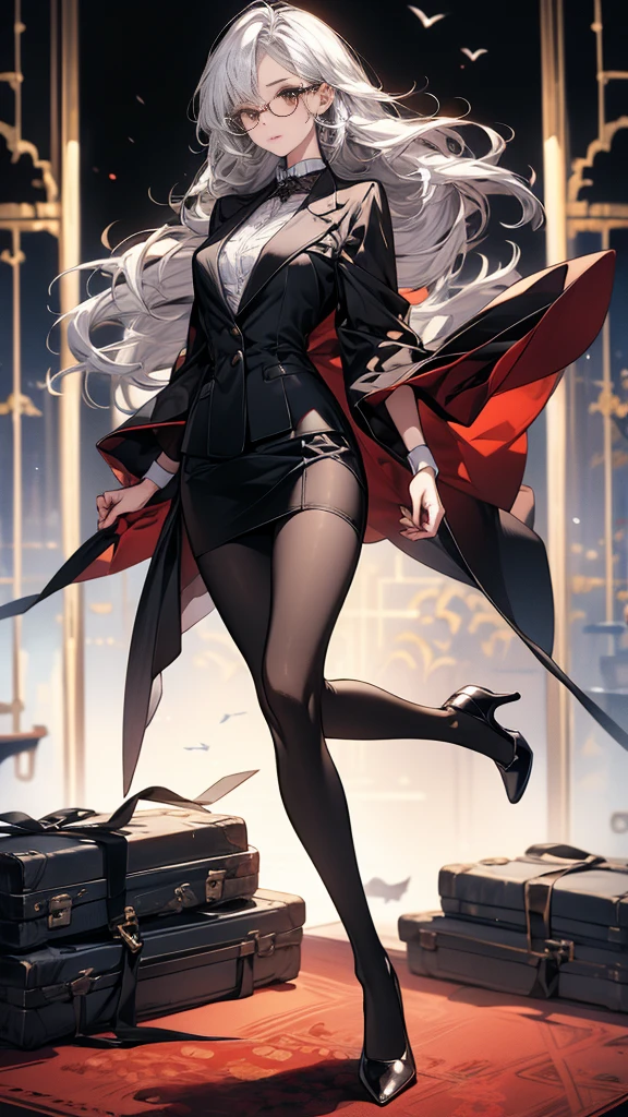 Domineering female president,Slim,White hair,长White hair,in office,full-body shot,Black pantyhose,High heel,wear glasses,Long Law,High target,Wearing a black suit,Short skirt,Hands behind your back