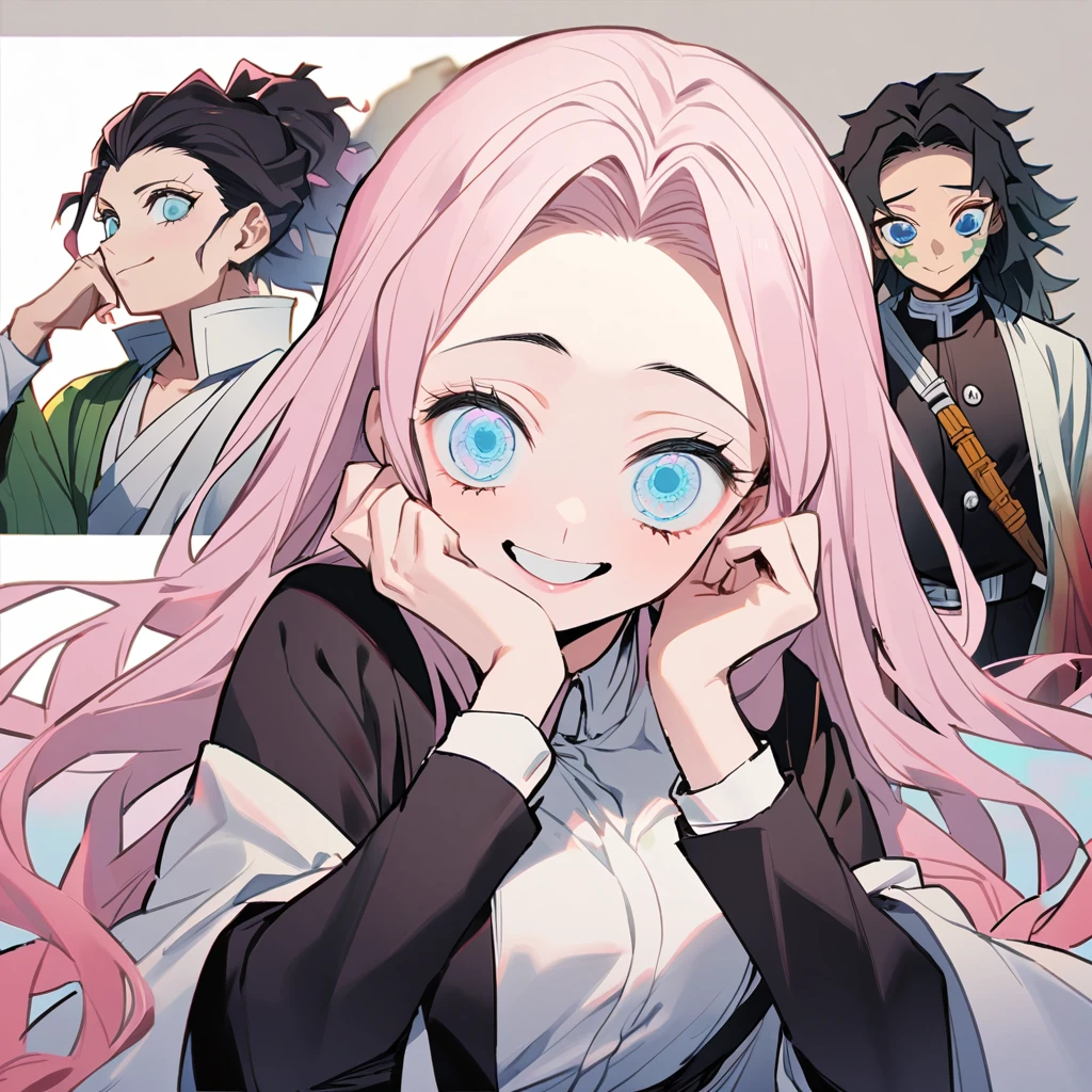 1. The fate of Kimetsu no Yaiba, long hair with bangs,light pink hair with light blue tips, light blue eyes, demon hunter uniform with a chest neckline,haori rosa, ssmile, both hands on the cheek,gazing at viewer, natta 