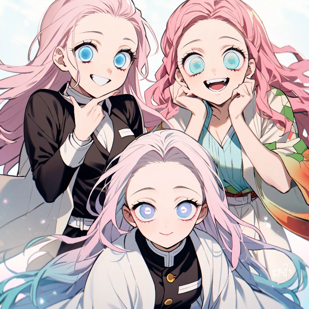 1. The fate of Kimetsu no Yaiba, long hair with bangs,light pink hair with light blue tips, light blue eyes, demon hunter uniform with a chest neckline,haori rosa, ssmile, both hands on the cheek,gazing at viewer, natta 