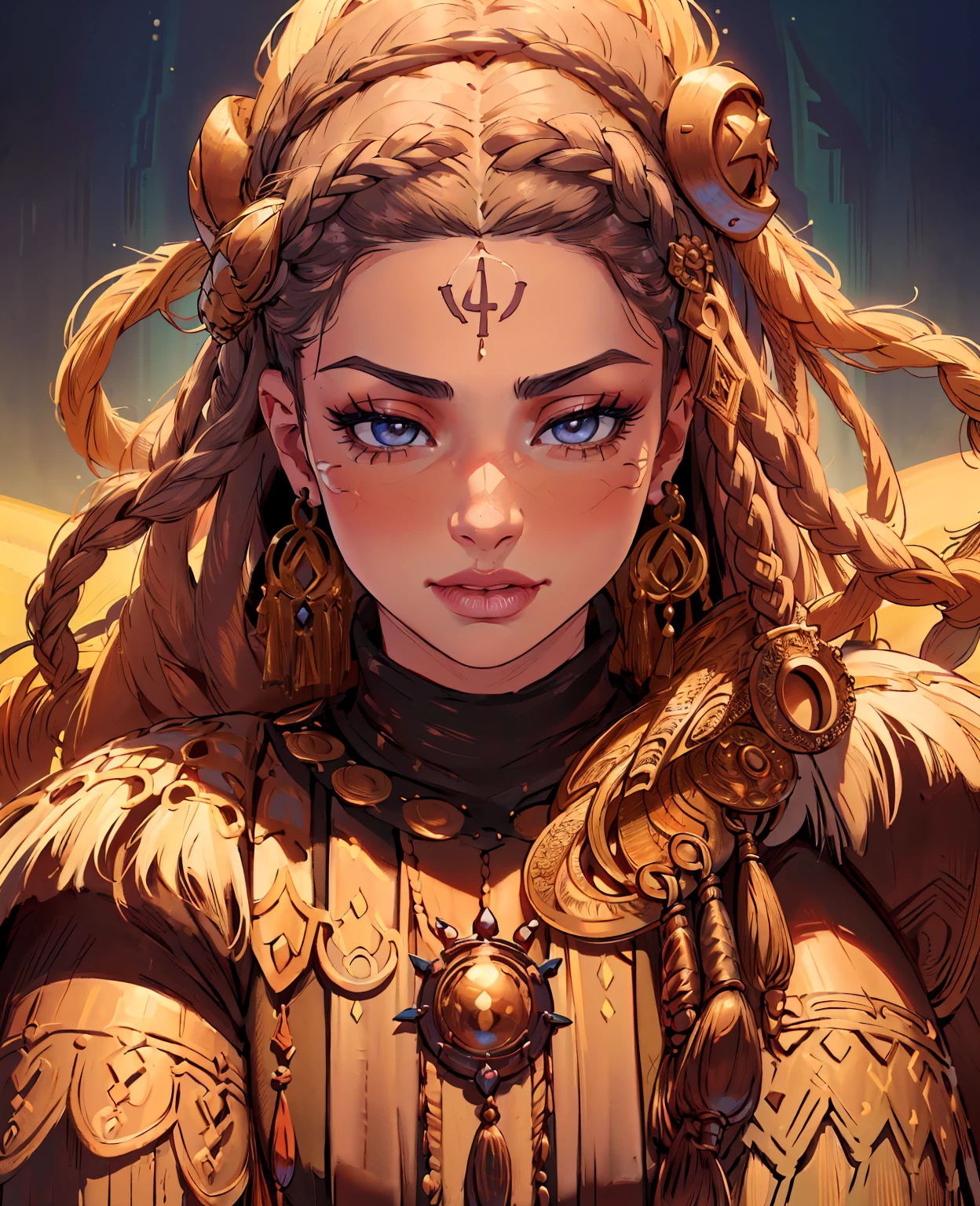 intricate detailed portrait of a nomadic woman, beautiful detailed eyes, beautiful detailed lips, extremely detailed face, long eyelashes, nomadic tribal outfit, ornate jewelry, desert landscape, natural lighting, muted color palette, (best quality,4k,8k,highres,masterpiece:1.2),ultra-detailed,(realistic,photorealistic,photo-realistic:1.37)