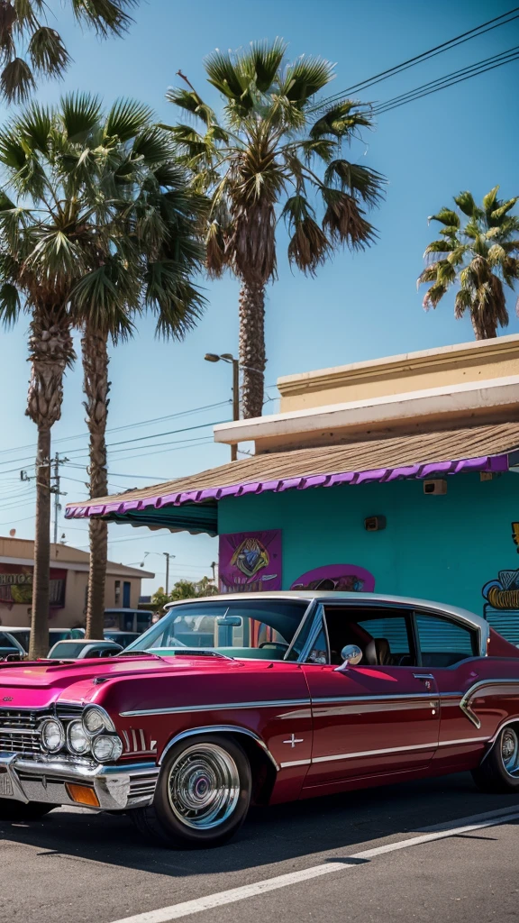 A photorealistic image of a lowrider car bouncing on a sun-drenched boulevard. Palm trees sway in the breeze. The car is a classic Chevy Impala with candy apple purple paint and Chicano murals depicting fantastical creatures and Aztec warriors. Chrome gleams everywhere. Hydraulics lift the front end high, showcasing intricate wire wheels. The car dips low, almost scraping the ground. Fuzzy dice dangle from the rearview mirror, and a subwoofer thumps in the trunk. The scene pulsates with vibrant Latino culture. Additional details: 8k resolution Octane render Focus on the chrome details and the movement of the car