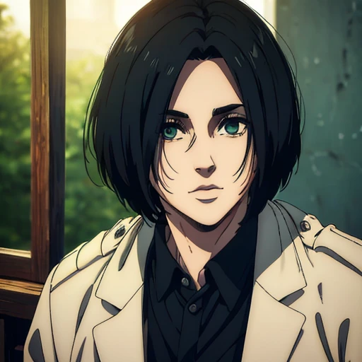 best quality,4k,8k,highres,masterpiece:1.2),ultra-detailed,(realistic,photorealistic,photo-realistic:1.37), a woman, mappa art style, has raven-black hair color, his hair are very short pixie cut , detailed small light green almond-shaped eyes , she looks handsome, she is fair, she is wearing white coat , vibrant color