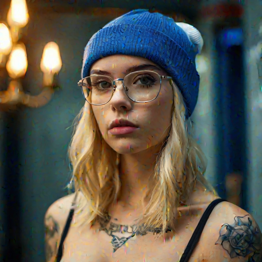 A blonde sexy girl, wearing glasses at latex shirt and a blue beanie with a tattoo, blue and white, highly detailed, sublime, extremely beautiful, sharp focus, refined, cinematic, intricate, elegant, dynamic, rich deep colors, bright color, shining light, attractive, cute, pretty, background full, epic composition, dramatic atmosphere, radiant, professional, stunning, 