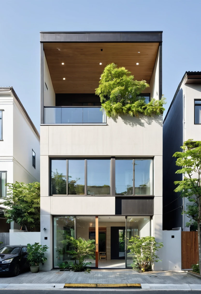 A high-resolution, horizontally framed shot of a minimalist Muji style three-story house exterior. The facade features a combination of water-painted walls, natural wood, and decorative stone elements, creating a harmonious and serene appearance. Large windows allow ample natural light to flood the interior spaces. The design emphasizes simplicity and functionality, with clean lines and a neutral color palette. The house is situated on a quiet street with cars parked in front, and potted plants and greenery enhance the natural aesthetic., arc corner shape windows

((8k)), high quality detail, soft lighting, minimalist design, neutral color palette, natural materials, clean lines, serene and inviting, modern Japanese aesthetic, flat ceiling, recessed downlights.