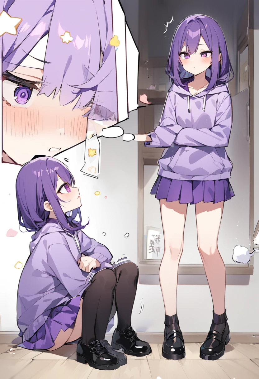 tall, milf, large breast, plump ass, black and purple hair, white button up shirt, black surgical mask, violet skirt, light brown cardigan, black and white converse, squatting, legs spread, no panties