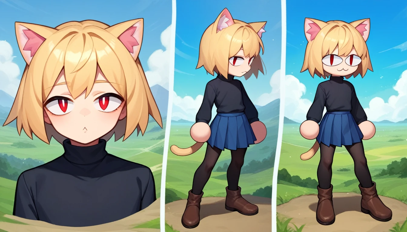 score_9, score_8_up, score_7_up, score_6_up, score_5_up, score_4_up, BREAK, 1boy, solo, necoarc, lit pupils, cat ears, blonde hair, red eyes, :3, turtleneck, blue skirt, pleated skirt, pantyhose, brown footwear, femboy, (dynamic poses), highlight thighs, landscape