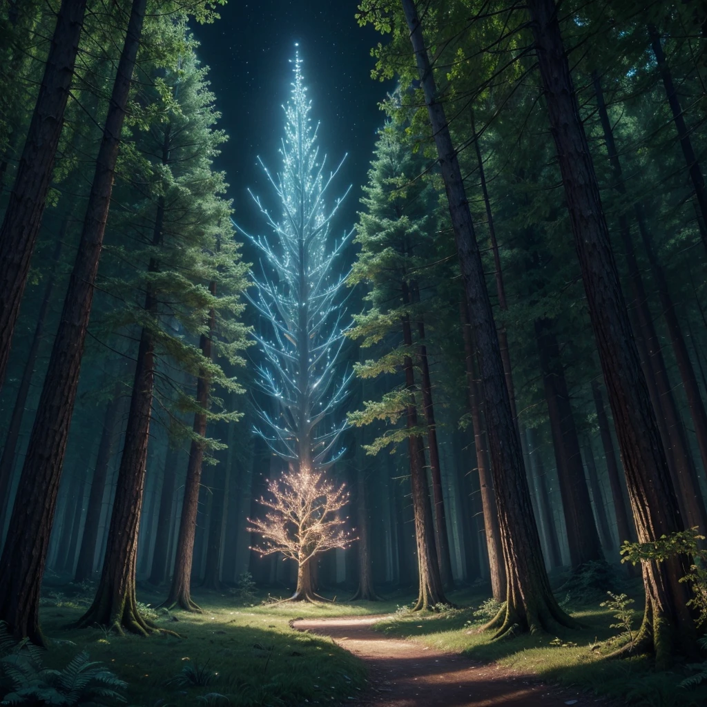 a tree with lights in the middle of it in a forest, large magical trees, magical tree, magical concept art, enchanted magical fantasy forest, magic tree, fantasy tree, magical fantasy forest, magical environment, background art, magical forest, enchanted and magic forest, background artwork, 8k high quality detailed art, disney concept art, fantasy magical vegetation