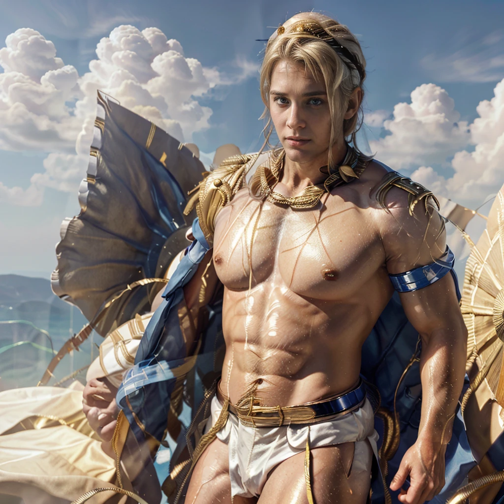 Apollo, God of the sun. Attractive god with blonde hair, blue eyes and light complexion. Marked and muscular body. Male approximately 33 years old. Handsome. Male appearance, Without beard. Dressed in a Greek toga, quite revealing, and shiny gold jewelry. He has a sun-shaped birthmark on his forehead.. thick eyebrows.