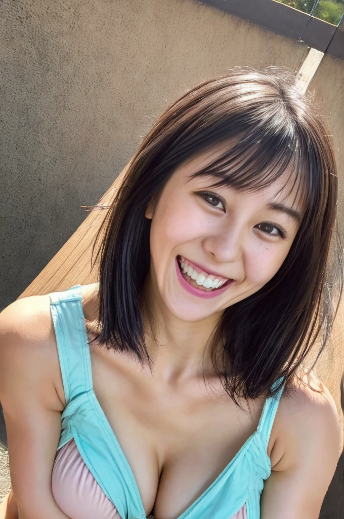 28years old Big Breasts woman A kind smile Big eyes Front teeth Short Bob Hair Japanese classmate Saggy breasts Sexy appeal