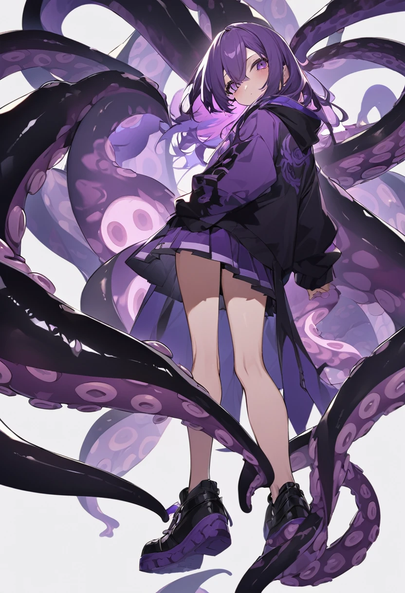 Keito。Purple Eyes。Purple Hair。Purple Skirt。Black shoes下。Black shoes。Purple hoodie。Parasitized。Tentacles from eyes。Tentacles from the back