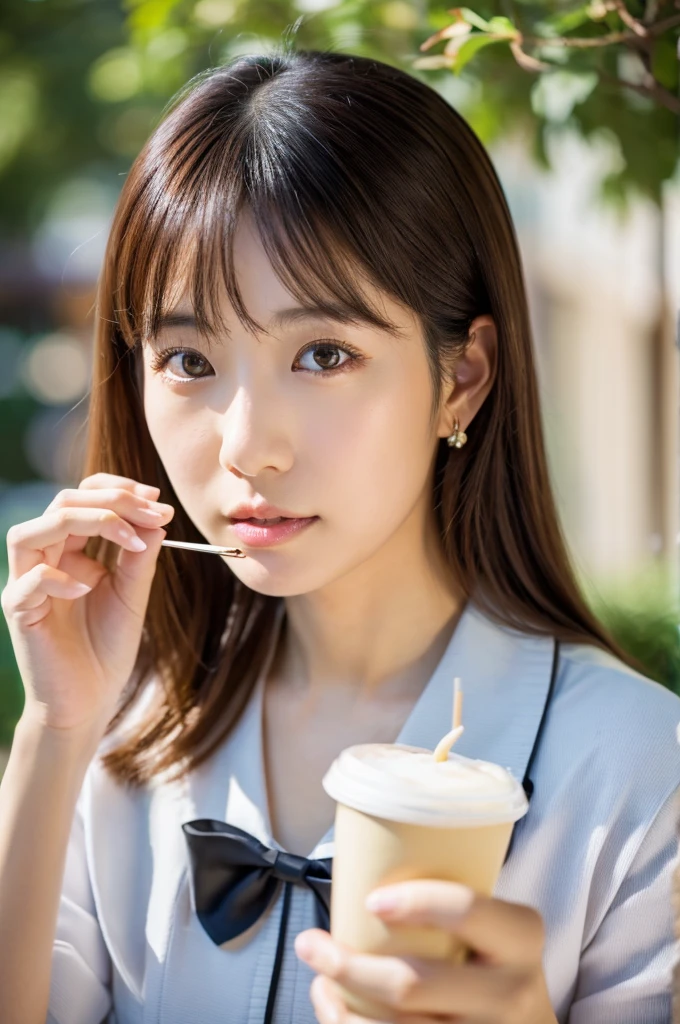 (top-quality,8K,​masterpiece),There is a woman holding a glass of coffee and a straw, Kimi Takemura, Yasumoto Oka, portrait of a japanese teen, harumi, closeup Iwakura Lain, shot with Nikon Z9, Ai Yazawa, shikamimi, chiho, with a straw, Seifuku, Kotegawa Yui,Colossal ,beautiful countenance,(A detailed eye,Detailed skin,Detailed lips,lipgloss),Bewitching look,