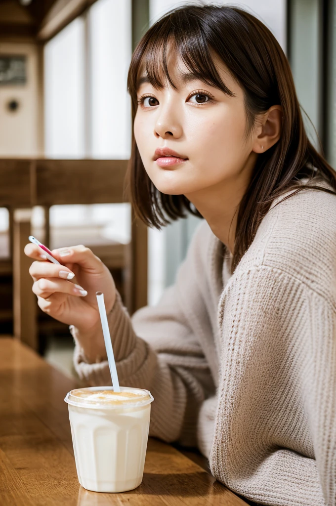 (top-quality,8K,masterpiece),There is a woman holding a glass of coffee and a straw, Kimi Takemura, Yasumoto Oka, portrait of a japanese teen, harumi, closeup Iwakura Lain, shot with Nikon Z9, Ai Yazawa, shikamimi, chiho, with a straw, Seifuku, Kotegawa Yui,Colossal ,beautiful countenance,(A detailed eye,Detailed skin,Detailed lips,lipgloss),Bewitching look,