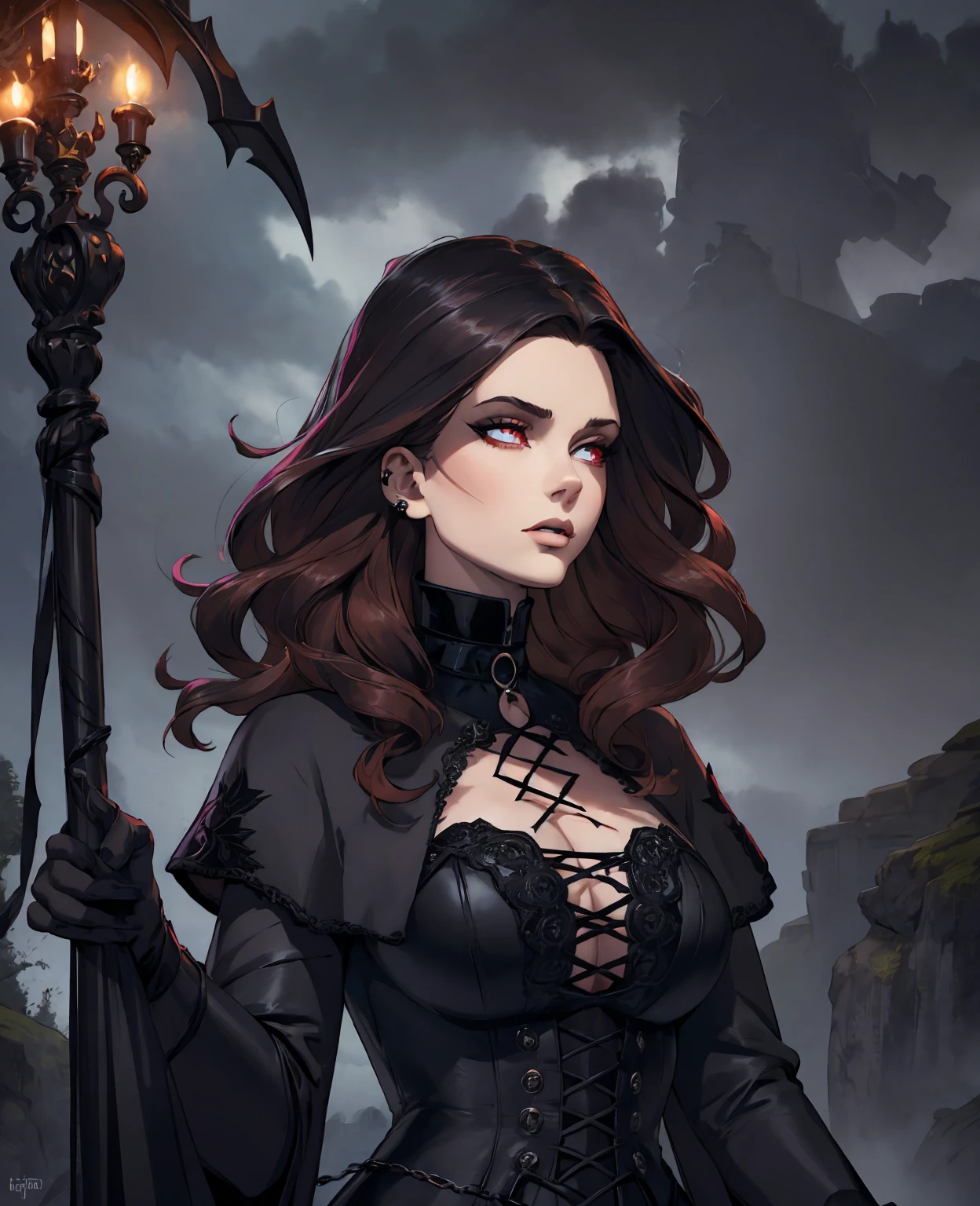 a beautiful woman with long dark hair, piercing eyes, pale skin, sinister expression, wearing an elaborate black dress with a high collar, holding a glowing magical staff, dark cloudy skies, moody dramatic lighting, rich saturated colors, dark fantasy,intricate details,cinematic composition,highly detailed,masterpiece,photorealistic,8k