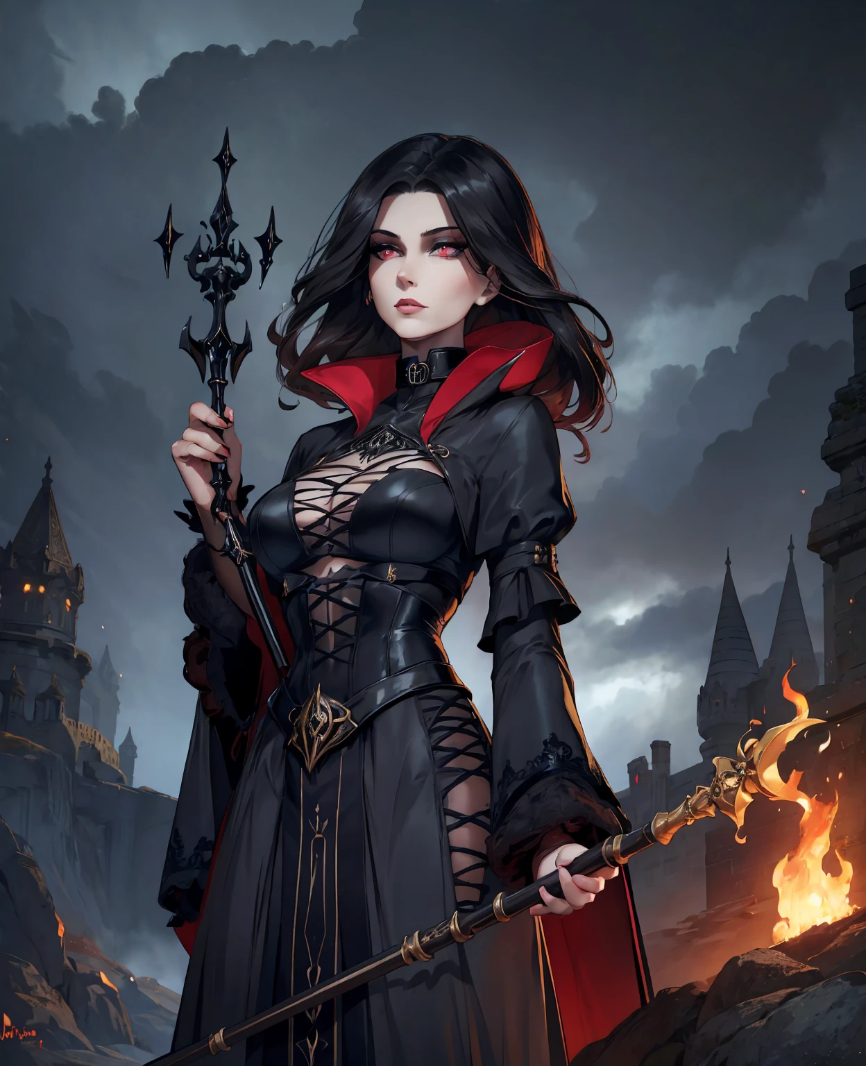 a beautiful woman with long dark hair, piercing eyes, pale skin, sinister expression, wearing an elaborate black dress with a high collar, holding a glowing magical staff, dark cloudy skies, moody dramatic lighting, rich saturated colors, dark fantasy,intricate details,cinematic composition,highly detailed,masterpiece,photorealistic,8k