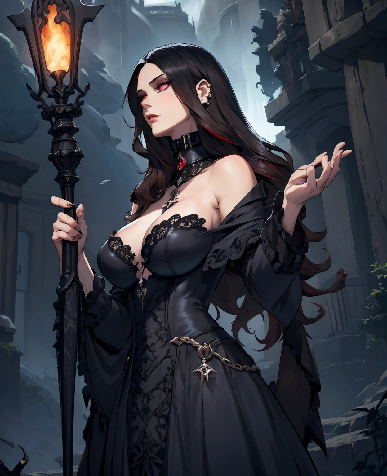 a beautiful woman with long dark hair, piercing eyes, pale skin, sinister expression, wearing an elaborate black dress with a high collar, holding a glowing magical staff, dark cloudy skies, moody dramatic lighting, rich saturated colors, dark fantasy,intricate details,cinematic composition,highly detailed,masterpiece,photorealistic,8k