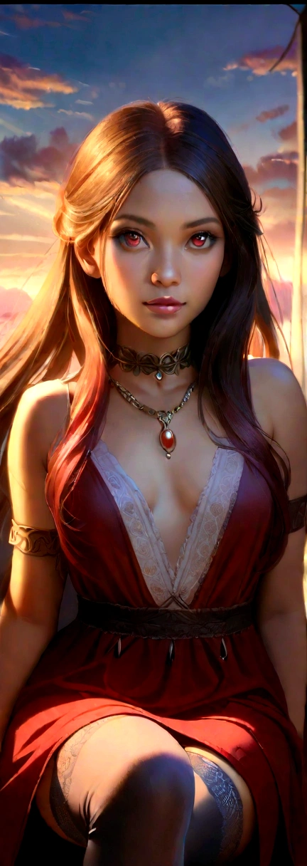 photorealistic, 1girl, ((slim body)), long hair, gradient hair, solo, detailed eyes, jewelry, bracelet, choker, small breasts, looking at viewer, realistic, necklace, (((red princess))), long skirt, thigh highs, red cape, sardine, lace, evening, sunlight, clouds, in the sky, clouds, realistic sun light,, detailed, upper body, sitting, firework in background