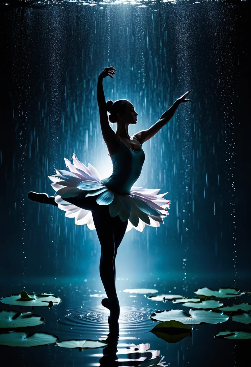 heavy rain,Rain splash,Girl shows black silhouette,Contrast with bright background,ballet silhouette,High contrast,Silhouette ballerina on the lake,lotus, lily pad,Shooting against the light,
