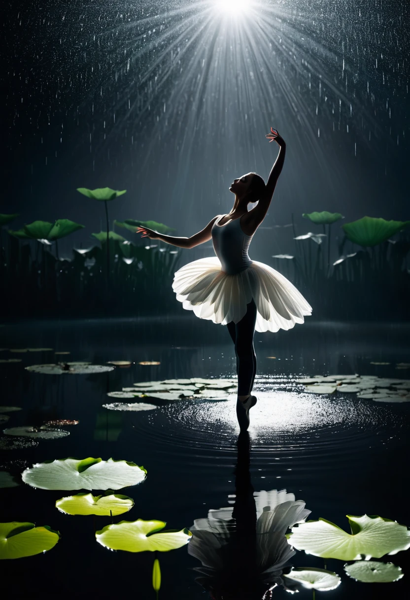 heavy rain，Rain splash，Girl shows black silhouette,Contrast with bright background,ballet silhouette,High contrast,Silhouette ballerina on the lake,lotus, lily pad，Shooting against the light，