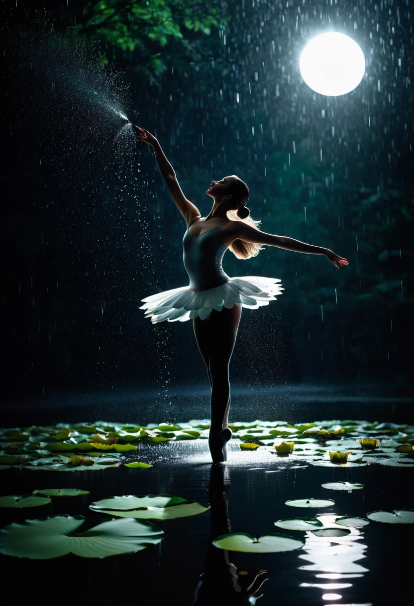 heavy rain，Rain splash，Girl shows black silhouette,Contrast with bright background,ballet silhouette,High contrast,Silhouette ballerina on the lake,lotus, lily pad，Shooting against the light，