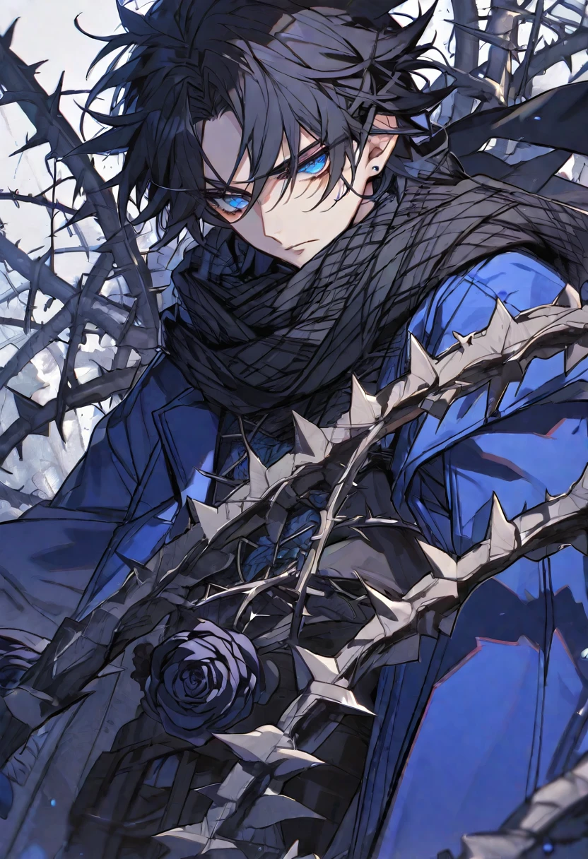 Solo, male, black hair, blue eyes, blue coat, black scarf, black roses, thorns