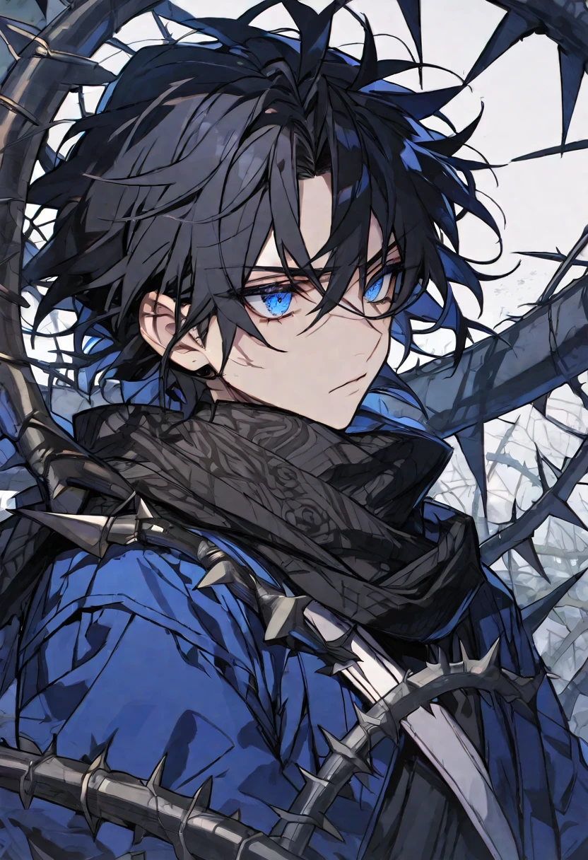 Solo, male, black hair, blue eyes, blue coat, black scarf, black roses, thorns