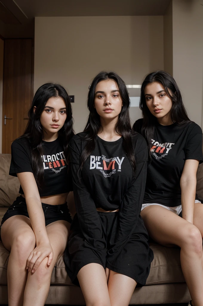 three beautiful 20 year old women, messy black hair tied up, wearing black t-shirts, big breasts, sitting together on a sofa