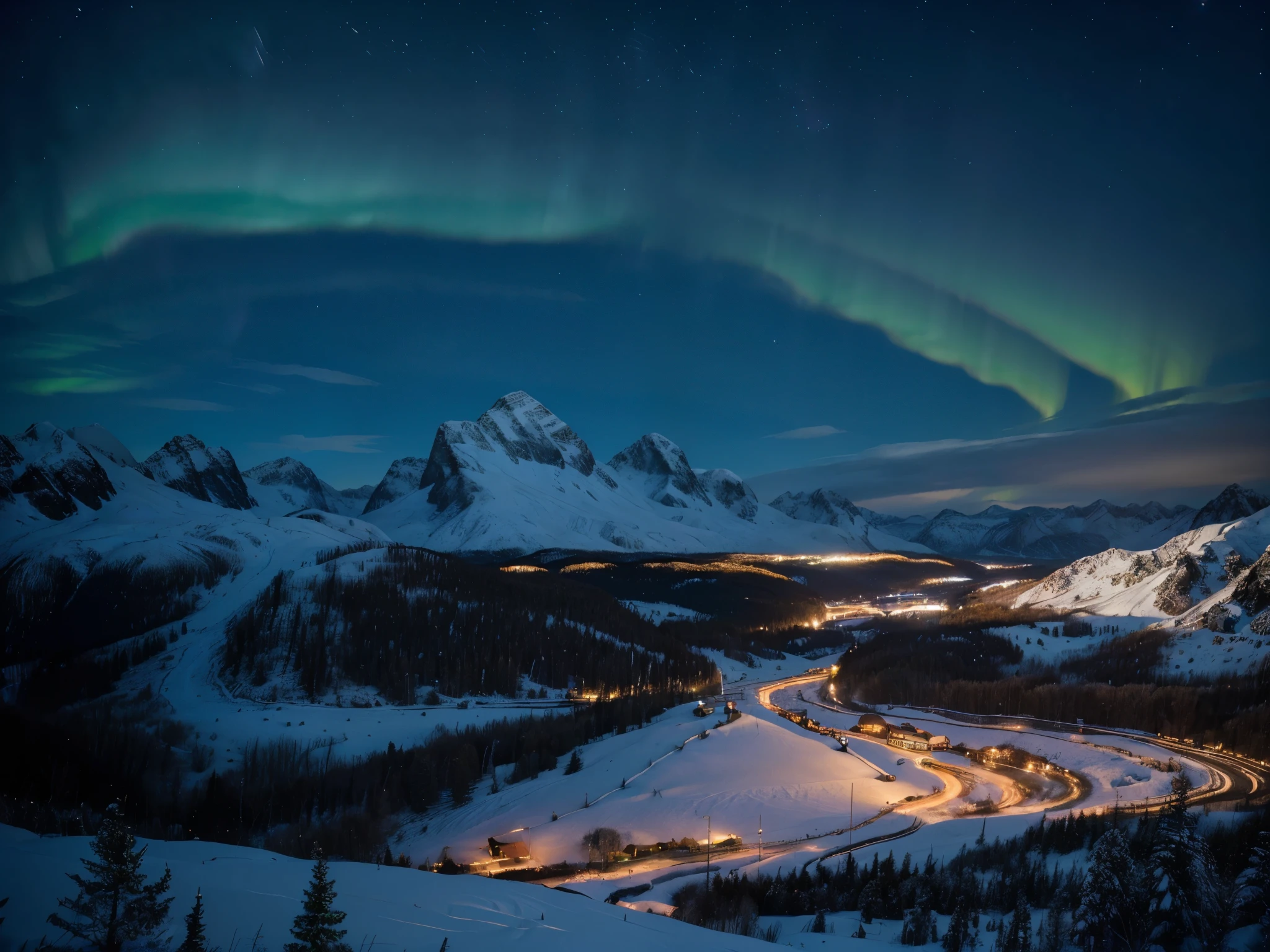 (best quality,4k,8k,highres,masterpiece:1.2),ultra-detailed,(realistic,photorealistic,photo-realistic:1.37),beautiful aurora lights,colorful night sky,snow-covered landscape,mountainous terrain,glowing moon,serene atmosphere,long exposure photography,cinematic lighting,vibrant colors,dramatic mood