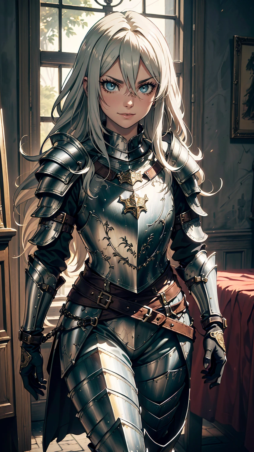 最high quality、Ultra High Definition, Ultra High Quality, Hyper Definition, Hyper Quality, Hyper Detailed, Extremely Detailed, Perfectly Detailed, Best image quality、masterpiece、anime woman((20-year-old、super dynamic pose , Green solid eyes, Silver long Hair、Disheveled Hair、Long White Hair, Gloves Belt、Armored pants, Noble Armor, Smirk, cheerful expression, Detailed Cuirass , Dressed in Full Coverage Noble Plate Armor, leg armor)),high quality、Beautiful art、background((Inside the mansion))、Written boundary depth、 movie、Visual Arts、Perfect art、8K,Genuine、