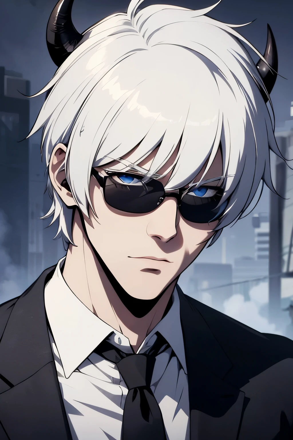 A white-haired, blue-eyed man wearing mafia clothes with black glasses and black horns.